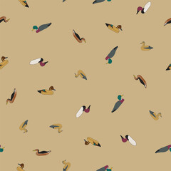 Ditsy Vintage Decoy Ducks Tossed on a Khaki Tan Background creating a seamless pattern print