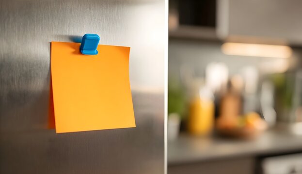 Orange sticky note held by a blue magnet on a stainless steel fridge in a modern kitchen. Reminder, organization or message concept with blurred home background