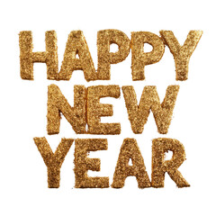 Gold glitter letters forming 'Happy New Year' on a transparent background. background removed