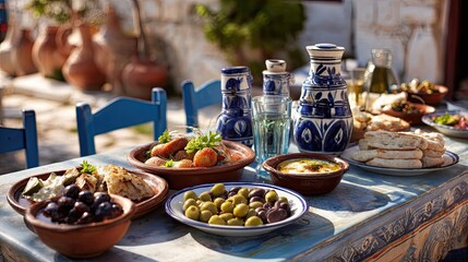 Savor the vibrant flavors of a sun-drenched Mediterranean feast with delicious tapas and refreshing drinks in a charming outdoor setting
