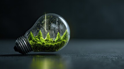 Innovative lightbulb showcases a vibrant urban forest ecosystem, symbolizing green city development and sustainable energy solutions for a brighter future