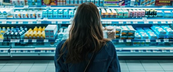 Person standing in a store aisle looking at refrigerated drinks and dairy products on shelves.