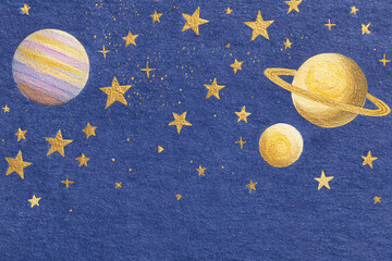 This artwork showcases a hand-painted celestial theme with colorful planets and golden stars against a rich blue canvas, depicting a cosmic scene