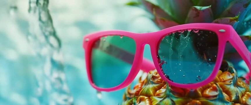 Pineapple wearing pink sunglasses near pool water stream reflecting tropical fun and summer vacation relaxation.