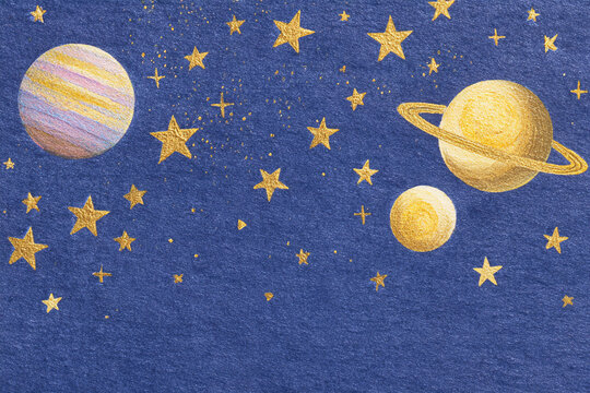 This artwork showcases a hand-painted celestial theme with colorful planets and golden stars against a rich blue canvas, depicting a cosmic scene