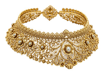 Obraz premium Ornate gold choker necklace with intricate floral patterns and pearls isolated on a transparent background