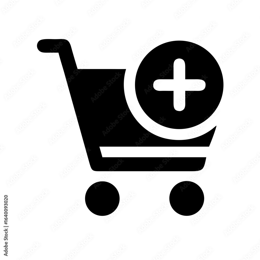 Poster black shopping cart icon with plus sign indicating add to cart functionality and purchase option onl