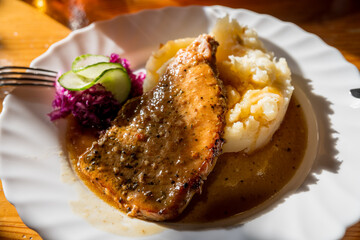 A natural schnitzel with mashed potatoes on a white plate.
