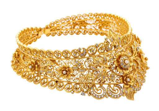 Ornate gold choker necklace with intricate floral patterns and sparkling diamonds isolated on a transparent background