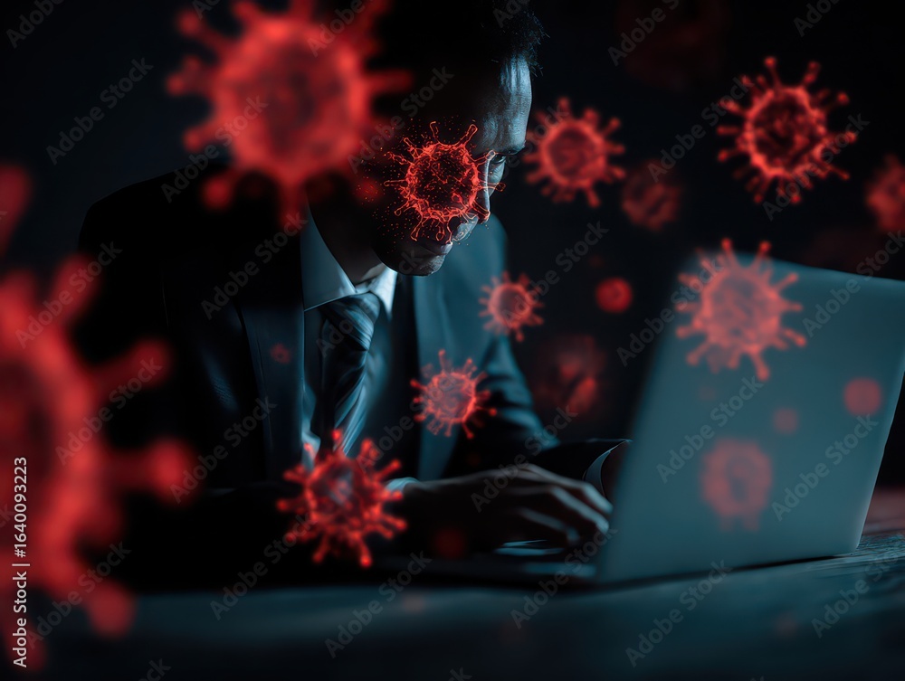 Poster businessman using laptop with data information privacy and internet connection hacking and spam warn