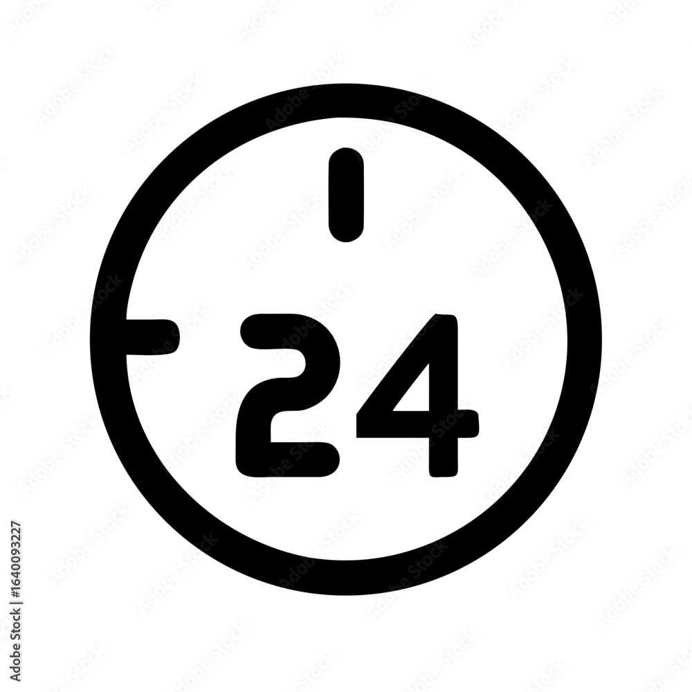 Poster illustration of a round clock face displaying the number twenty four in the center in black color