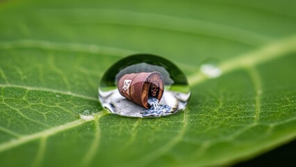Fototapeta premium A water droplet on a green leaf reflects an image of a leaking toxic waste barrel.