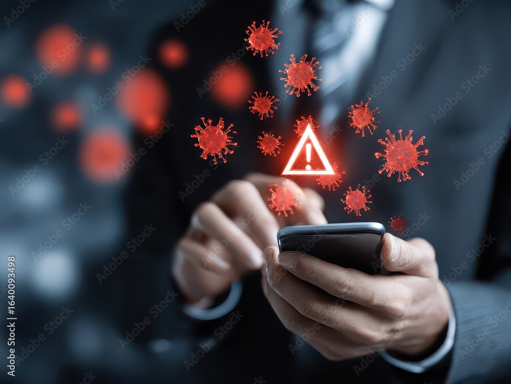 Poster businessman using smartphone with data information privacy and internet connection hacking and spam 