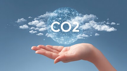Nurturing global awareness of carbon emissions, this conceptual graphic visualizes CO2 data in a delicate hand against a serene sky backdrop.