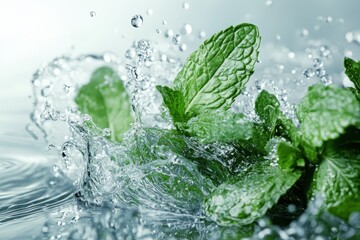 Mint and water splashes, Fresh mint leaves surrounded by splashes of water