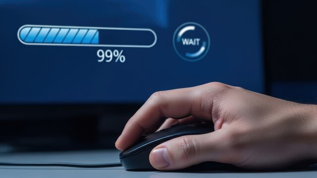 A hand on a computer mouse waits for a download or update stuck at 99 percent.