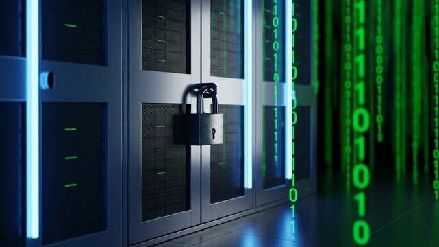 Secure Server Room Data Protection - A padlock secures the door of a server room, symbolizing data protection and cybersecurity.
