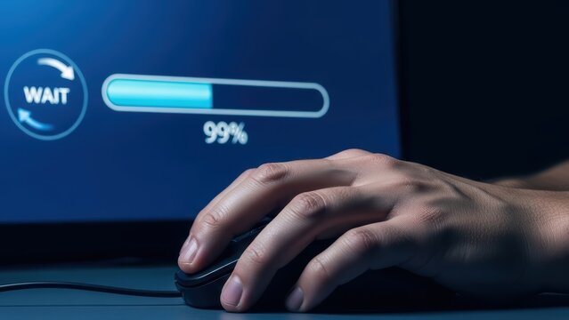 A person waits with their hand on a mouse as a progress bar shows 99 percent.