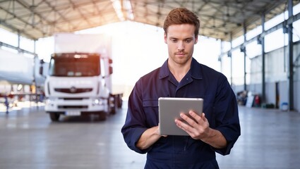 Mechanic in overalls using a tablet near trucks in a spacious, well-lit garage, emphasizing technology integration in vehicle repair and maintenance.

