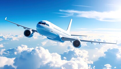 Airplane soaring through fluffy clouds