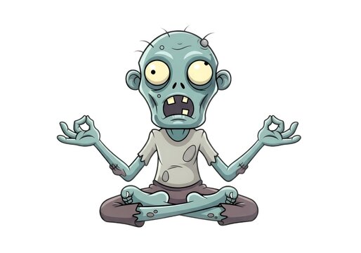 Cartoon zombie meditating in yoga pose isolated on white background