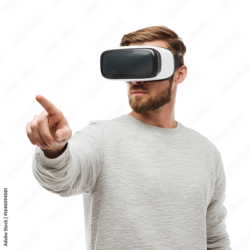 Poster man with beard wearing vr headset, pointing with index finger in virtual reality. background removed