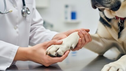 A veterinarian in a white coat holds a dog's paw during an examination.
