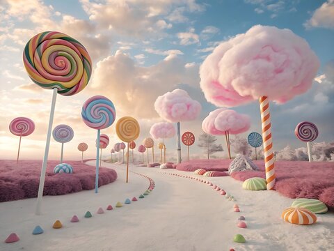 A whimsical candy land landscape features colorful lollipops and cotton candy trees under a dreamy sky, creating a sweet and surreal fantasy scene - Powered by Adobe