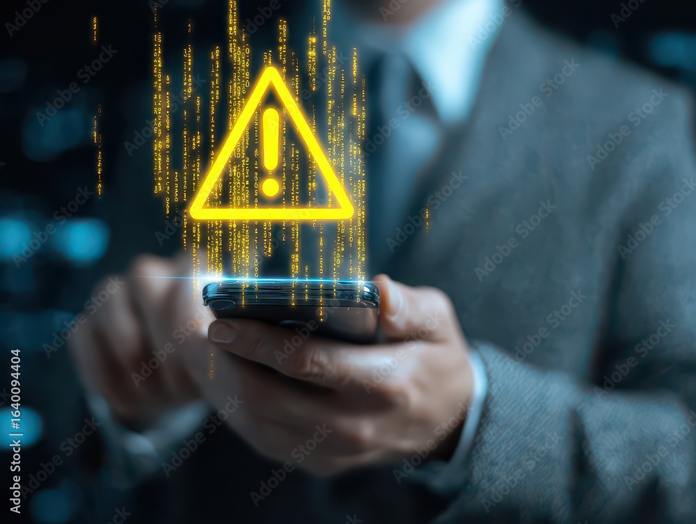 Poster businessman using smartphone with new message electronic email hacking and spam warning symbol. cybe