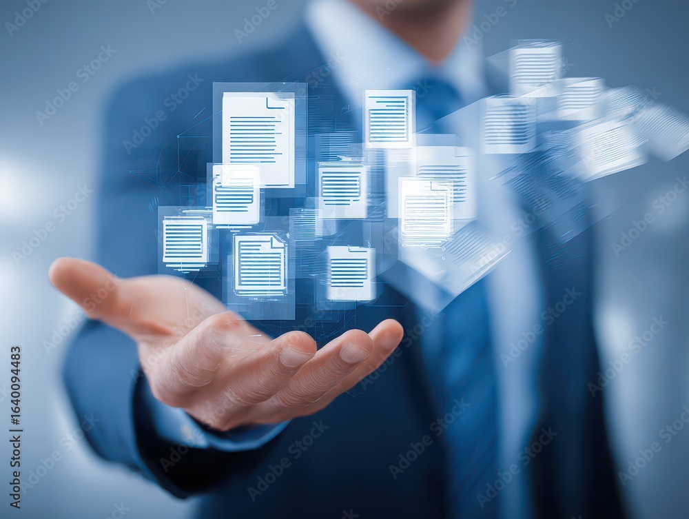 Poster businessman with a document management system (dms). streamline online docs, enhance file control wo