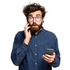 A surprised man with curly hair and glasses looks at his phone with a shocked expression. background removed