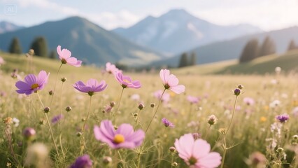 A picturesque field of pink and purple flowers stretches towards a backdrop of majestic mountains under a bright summer sky