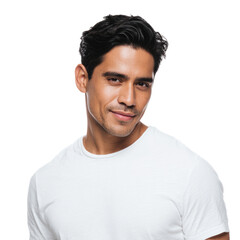 A portrait of a smiling Hispanic man with dark hair wearing a white t-shirt against a transparent background. background removed