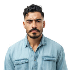 Serious man with dark hair and mustache wearing a light blue denim shirt against a transparent background. background removed