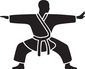 Martial Arts Pose Silhouette, Standing Figure with Bent Knees and Clasped Hands Vector