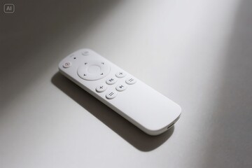 A sleek white remote control with intuitive button layout rests on a softly lit surface, casting a gentle shadow