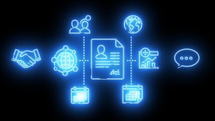 Business handshake, network, documents, and communication icons in futuristic neon holographic style - Powered by Adobe