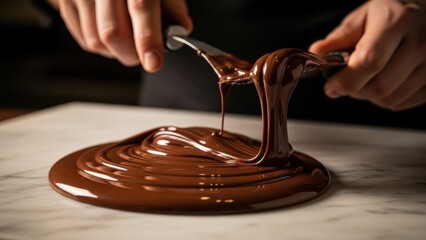 A pastry chef works with rich, melted chocolate on a marble surface.