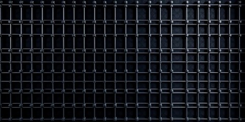Abstract geometric metal grid, black square pattern on dark background, metal, detail