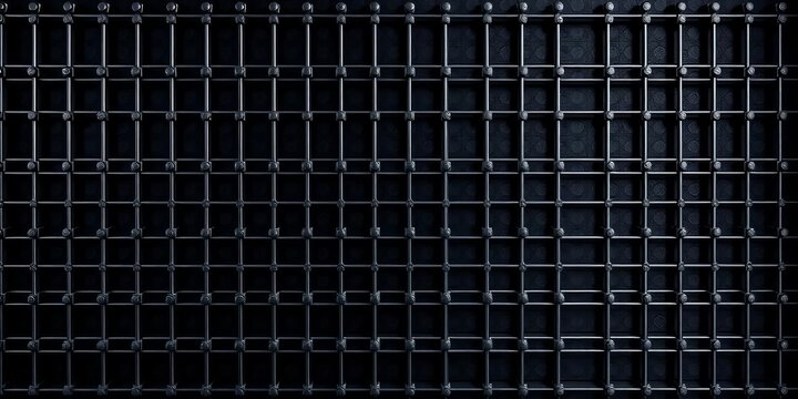 Abstract geometric metal grid, black square pattern on dark background, metal, detail