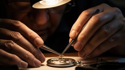 A watchmaker uses tweezers to work on the intricate mechanism of a pocket watch under a lamp.