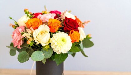 Vibrant bouquet of colorful flowers in a box.