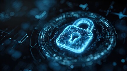 Experience advanced digital security with a glowing neon padlock symbolizing data protection and cyber defense in a futuristic network environment, ensuring peace of mind.