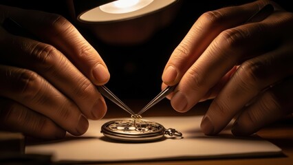 A close-up of a watchmaker's hands using tools on the gears of a watch.