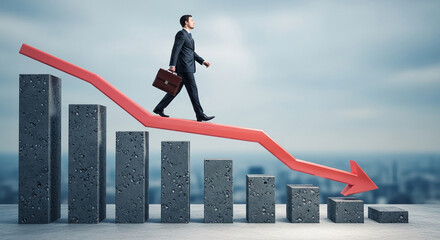 Businessman walking on descending red arrow above decreasing grey bar graph, symbolizing economic downturn or business decline