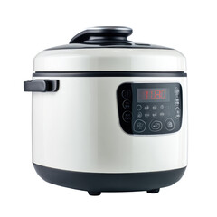 A white electric pressure cooker with a digital display and various cooking functions. background removed