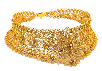 Ornate gold filigree choker necklace with intricate floral patterns isolated on a transparent background
