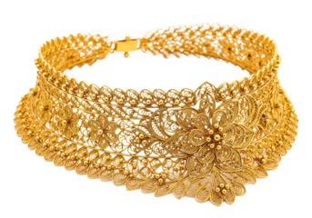 Ornate gold filigree choker necklace with intricate floral patterns isolated on a transparent background