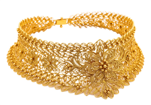 Ornate gold filigree choker necklace with intricate floral patterns isolated on a transparent background - Powered by Adobe