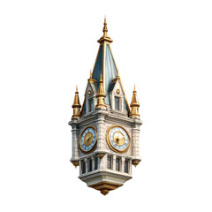 Elegant, gold-accented clock tower with a pointed roof, isolated on transparent background. background removed